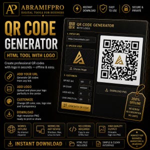 May include: A digital graphic promoting a QR code generator with a logo. The design features a black and gold color scheme, showcasing the software's features, including customization options and instant download capabilities. The text reads "QR Code Generator" and "HTML Tool with Logo."