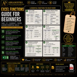 May include: A black and green digital guide for Excel functions, with the text "Excel Functions Guide for Beginners." It includes step-by-step instructions, real examples, and a cheat sheet. The guide is compatible with Excel and Google Sheets.