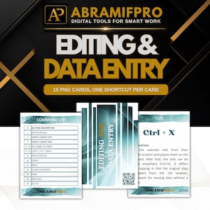 Puede incluir: Un conjunto de productos digitales con 15 tarjetas PNG para atajos de edición y entrada de datos. Las tarjetas muestran el logo de ABRAMIFPRO, una lista de comandos e instrucciones como Ctrl + X sobre un patrón geométrico en turquesa.