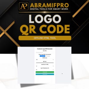 Op de afbeelding: Een digitale interface voor een tool voor het genereren van QR-codes met een gecentreerd logo. Het scherm toont invoervelden voor URL, logo-upload, QR-grootte, QR-kleur, logo-groottepercentage en logo-transparantie, met groene en blauwe knoppen.