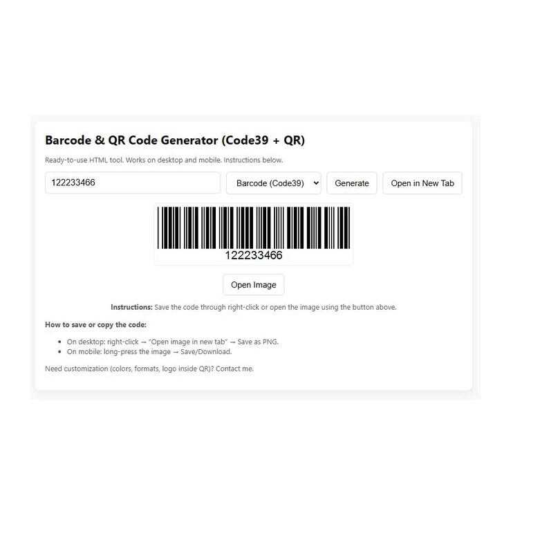 Op de afbeelding: Een witte webpagina toont een barcode generator. De pagina bevat een tekstveld voor een nummer, een vervolgkeuzemenu en een knop om een barcode te genereren. Een zwart-witte barcode wordt hieronder weergegeven, met het nummer 122233466.
