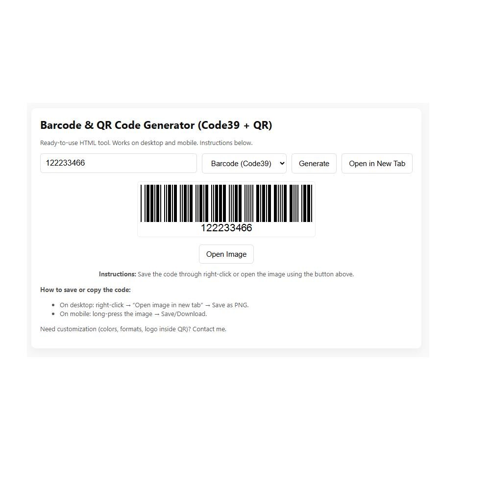 HTML Tool — Barcode & QR Code Generator (code39 + QR) — Instant ...
