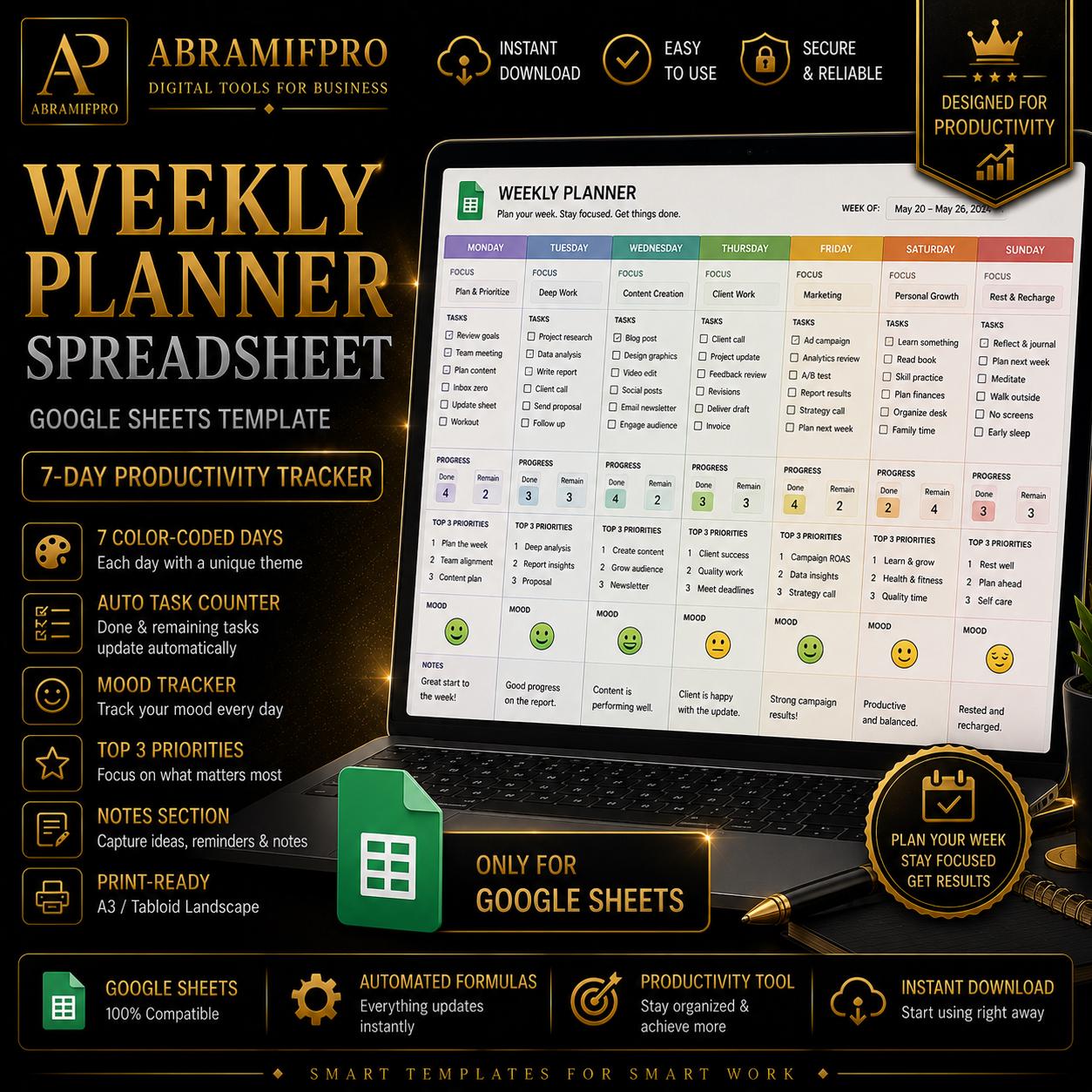 Weekly Planner Spreadsheet | Excel & Google Sheets | 7-day Productivity ...