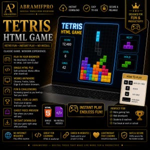May include: A promotional image for a Tetris HTML game. The game is displayed on a laptop screen, showcasing colorful Tetris blocks. Text highlights features like instant play, no install, and offline functionality. The design is retro-themed.