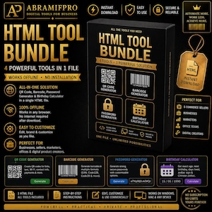 May include: A black box with gold text promoting an HTML tool bundle. The bundle includes QR code, barcode, password, and birthday calculator tools. The box also features a gold tag with the word "HTML" and the words "Instant Download."