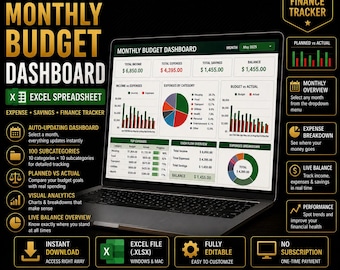 Monthly Budget Dashboard | Excel Spreadsheet | Personal Finance Tracker | Expense & Savings Planner | Instant Download