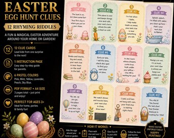 Easter Egg Hunt Clues, Printable PDF Set, 12 Rhyming Riddles (Instant Download)