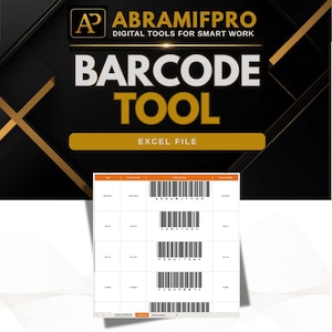 May include: A digital barcode tool Excel file by ABRAMIFPRO featuring a black and gold header with white text. Below, a spreadsheet displays rows of product data including barcodes with alphanumeric codes like SKU-164 and INV9881 in a grid.