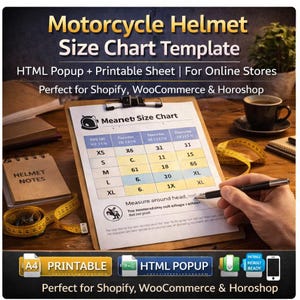 Motorcycle Helmet Size Chart Template | HTML Popup | Shopify WooCommerce Horoshop | Responsive Mobile-Ready