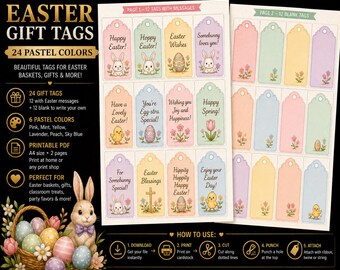 Easter Gift Tags, 24 Pastel Colors, Printable PDF (Instant Download)