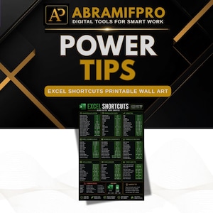 Op de afbeelding: Een zwart en goudkleurige digitale wandposter getiteld POWER TIPS met Excel-sneltoetsen. Het ontwerp bevat de tekst ABRAMIFPRO DIGITAL TOOLS FOR SMART WORK en EXCEL SHORTCUTS PRINTABLE WALL ART, met een gedetailleerd overzicht van commando's.