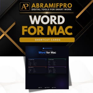 Puede incluir: Una pantalla de producto digital en negro y oro con el texto ABRAMIFPRO DIGITAL TOOLS FOR SMART WORK y WORD FOR MAC SHORTCUT CARDS. Debajo, una interfaz oscura muestra tarjetas de atajos para Microsoft Word for Mac.