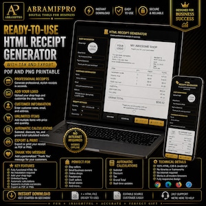 May include: A digital graphic promoting an HTML receipt generator. The image shows a laptop and smartphone displaying a receipt template. Text highlights features like PDF/PNG export, tax calculations, and logo customization.