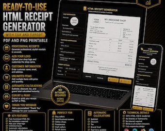 Ready-to-Use HTML Receipt Generator with Tax and Export | PDF and PNG Printable
