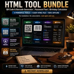 HTML Tool Bundle | QR Code & Barcode Generator | Password Tool | Instant Download