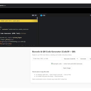Op de afbeelding: Schermafbeelding van een webpagina met HTML-code en een interface voor een barcode-generator. De HTML-code wordt weergegeven in een donkere editor, terwijl de generator invoervelden en knoppen heeft voor het maken van barcodes en QR-codes.