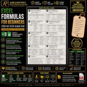 Pode incluir: Um guia digital intitulado "Fórmulas do Excel para Iniciantes" com instruções passo a passo. O guia inclui fórmulas, exemplos e um cheat sheet. Ele é projetado para iniciantes e compatível com Excel e Google Sheets.