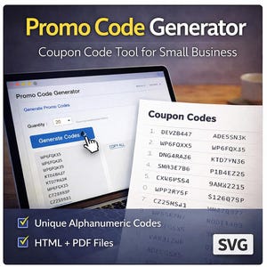 Promo Code Generator Tool | Alphanumeric Coupon Codes (HTML + PDF)