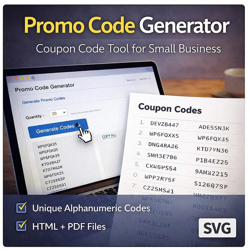 Promo Code Generator Tool | Alphanumeric Coupon Codes (HTML + PDF) - Etsy