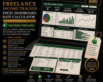 Freelance Income Tracker | Excel Dashboard, Rate Calculator (Digital Download)