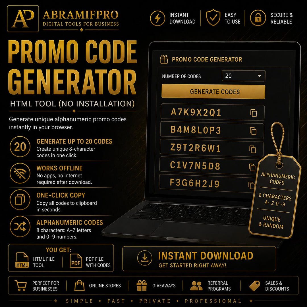 Promo Code Generator Tool | Alphanumeric Coupon Codes (HTML + PDF) - Etsy