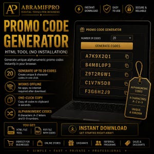 Promo Code Generator Tool | Alphanumeric Coupon Codes (HTML + PDF)