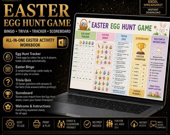 Easter Egg Hunt Game 2026 | Excel Spreadsheet | Bingo, Trivia, Tracker & Scoreboard | Instant Download