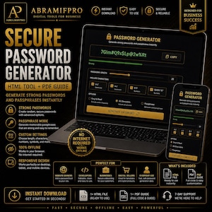 Op de afbeelding: Een promotieafbeelding voor een veilige wachtwoordgenerator. Het ontwerp toont een laptop en smartphone met de software-interface. Tekst benadrukt functies zoals direct downloaden, offline functionaliteit en responsief ontwerp. Het kleurenschema is zwart en goud.