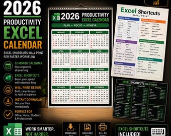 Excel Shortcuts Printable Wall Art | Keyboard Cheat Sheet Poster | Office Desk Decor | Instant Download