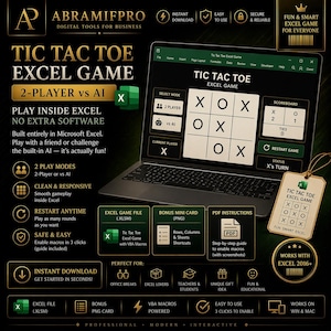 Puede incluir: Anuncio digital de un juego de Excel Tic Tac Toe. El juego se muestra en la pantalla de una computadora portátil, con el tablero visible. El anuncio destaca características como el modo para 2 jugadores, un juego limpio y descarga instantánea. El juego está diseñado para Excel 2016+.