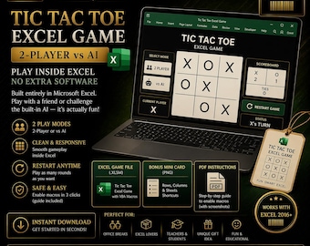 Tic Tac Toe Excel Game | 2-Player vs AI Mini Game (Digital Download)