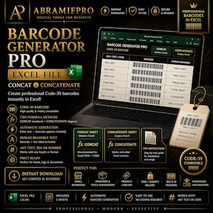 Puede incluir: Anuncio de Barcode Generator Pro, un archivo Excel para generar códigos de barras Code-39. La imagen muestra una computadora portátil que muestra la interfaz del software, una etiqueta de código de barras e iconos que resaltan funciones como la generación automática.