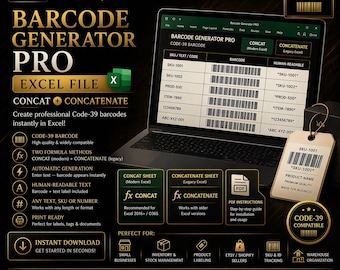 Barcode Generator PRO — Excel File (CONCAT + CONCATENATE)