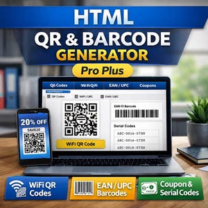 May include: A laptop and smartphone display a QR code generator interface. The laptop screen shows a QR code and barcode options. The smartphone displays a QR code with a 20% off promotion. The image includes the text "HTML QR & BARCODE GENERATOR Pro Plus."