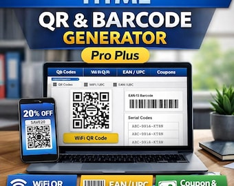 QR- en streepjescodegenerator Html Tool Pro Plus | WiFi QR EAN UPC-kortingsbonnen Seriecodes