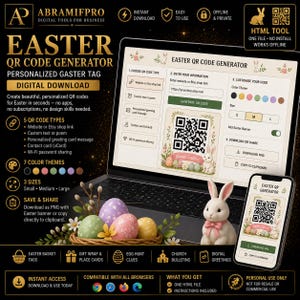 May include: Digital download for an Easter QR code generator. The image shows a laptop and a smartphone displaying the QR code. The design includes Easter eggs, a bunny, and the text "Happy Easter". The product offers 5 QR code types, 7 color themes, and 3 sizes.