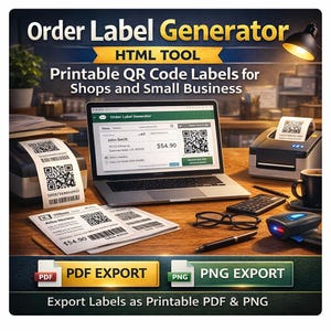 Könnte beinhalten: Ein Laptop zeigt eine "Order Label Generator" Oberfläche mit einem QR-Code-Etikett. Das Bild zeigt eine kleine Geschäftseinrichtung mit Druckern, Etiketten und einem Scanner. Der Text enthält "Printable QR Code Labels" und "PDF Export".