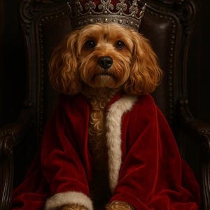 Puede incluir: Un perro con corona y una túnica de terciopelo rojo con ribete blanco, sentado en una silla de cuero oscuro. El perro tiene pelo rizado marrón claro y una expresión seria. La imagen tiene un tema clásico y real.
