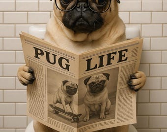 Pug dog on the toilet bathroom wall art poster