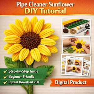 Tutorial de girasol con limpiapipas (PDF) y patrón de flor de tallo de chenilla.