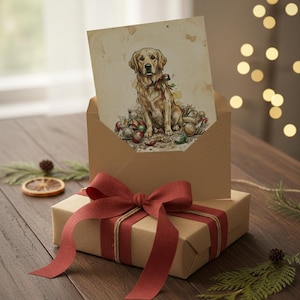 May include: A gift box wrapped in brown paper with a red ribbon and twine. A greeting card featuring a golden retriever illustration is in a brown envelope. The card shows the dog sitting among Christmas ornaments.