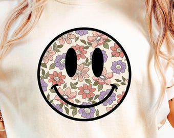 Floral Happy Face PNG, Retro Flowers Smile Sublimation Design, (Digital Download)