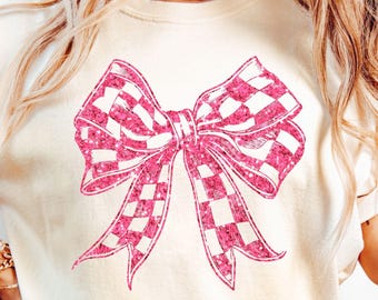 Checkered Coquette Pink Bow PNG, Preppy Girly Design, Glitter Sublimation (Digital Download)