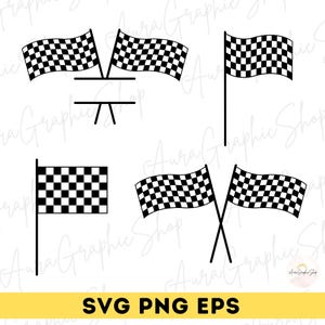 May include: A collection of five black and white chequered racing flag graphics in various configurations, including crossed flags, single flags on poles, and a split design with horizontal lines, presented as digital vector illustrations.
