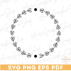 Puede incluir: Un diseño de corona de arte lineal negro con elementos en forma de hojas, que forma una forma circular. Dos puntos negros están colocados en la parte superior e inferior del círculo. Las palabras "SVG PNG EPS PDF" se muestran en una barra horizontal en la parte inferior.