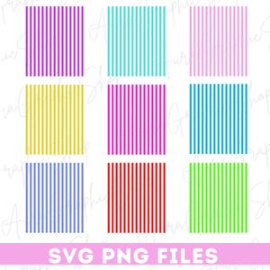 May include: Nine colorful vertical stripe patterns in purple, teal, pink, yellow, magenta, blue, red, and green. The text "SVG PNG FILES" is displayed in pink at the bottom of the image. These patterns are suitable for digital design projects.