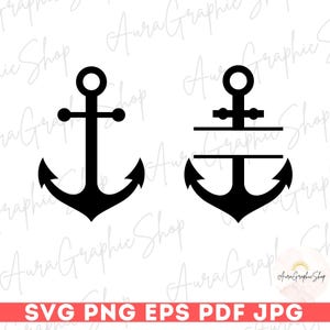 Könnte beinhalten: Zwei schwarze Ankerdesigns auf weißem Hintergrund. Ein Anker ist ein klassisches Design, der andere hat eine horizontale Linie in der Mitte. Der untere Teil des Bildes enthält den Text "SVG PNG EPS PDF JPG".