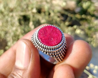 Handmade Red  Ruby Silver Ring, Boho Granulated Statement Ring, Artisan Jewelry Gift For Her