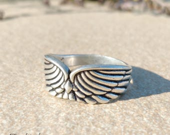 925 Sterling Silver Angel Wing Ring Vintage Adjustable Feather Statement Ring Guardian Gift Her