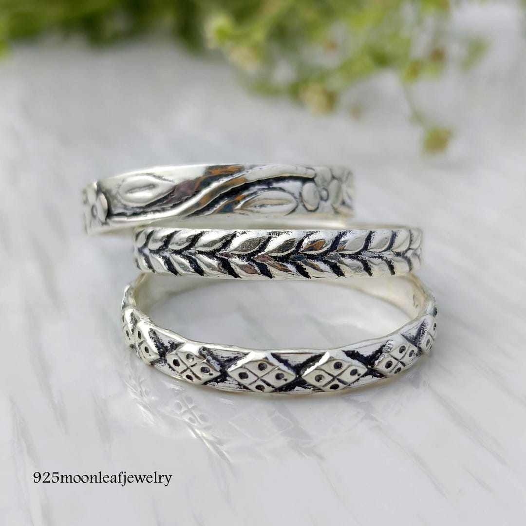Silver Ring Patterned 925 Sterling Silver Pattern Rings / Vintage Style Engraved Band / Boho ...